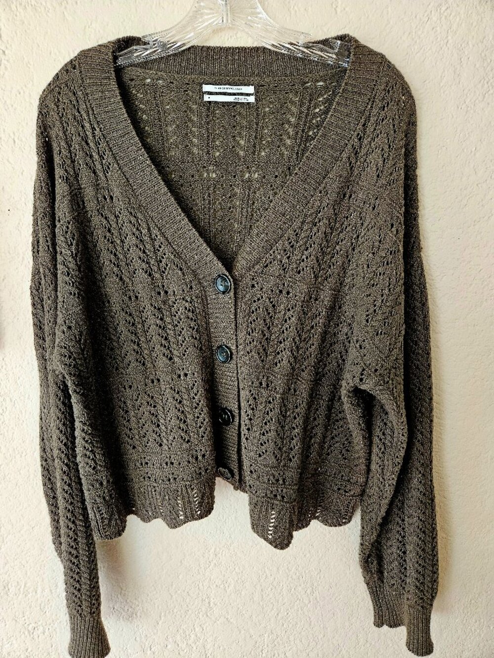Anthropologie Open Knit Pointelle Cropped Cardigan Sweater Olive Green Size M